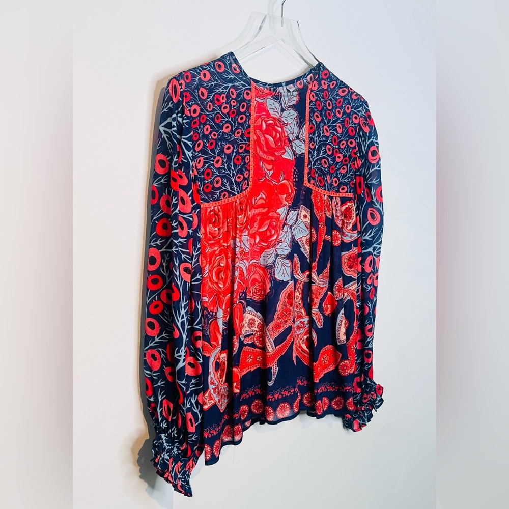 Anthro BLNK Miranda Peasant Red Blue Print Blouse Shirt Top - Picture 5 of 15